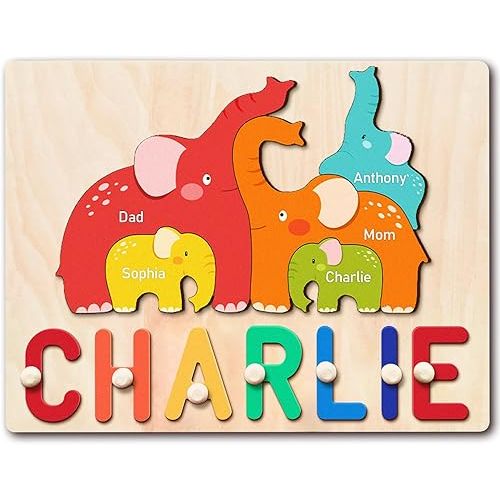 Name Puzzles for Toddlers 1-3, Personalized Name Puzzle with Elephant Family Wooden Puzzle for Toddlers 1-3, First Birthday Gifts for Boys Girls, Personalized Gifts for Mom Dad Kids, Baby Learning Toy