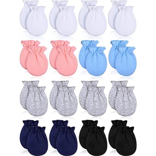 16 Pairs Newborn Baby Mittens Cotton Gloves Infant Toddler No Scratch Mittens for 0-6 Months Baby Boys Girls - White, Gray, Pink, Blue, Navy Blue, Black