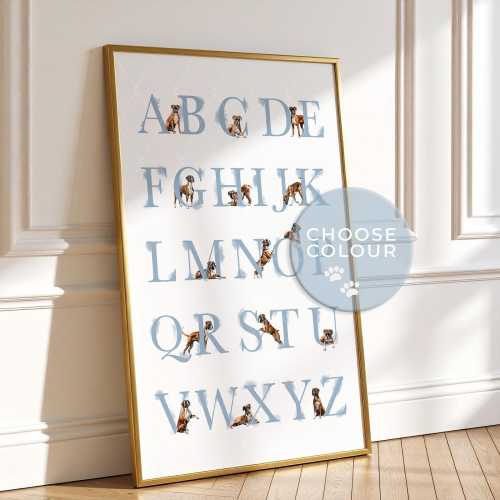 Boxer Dog Alphabet Poster, Custom Nursery Wall Art | Boxer ABC Poster in Pink, Blue, Sage Green | Baby, Toddler Room Decor, Digital Download
