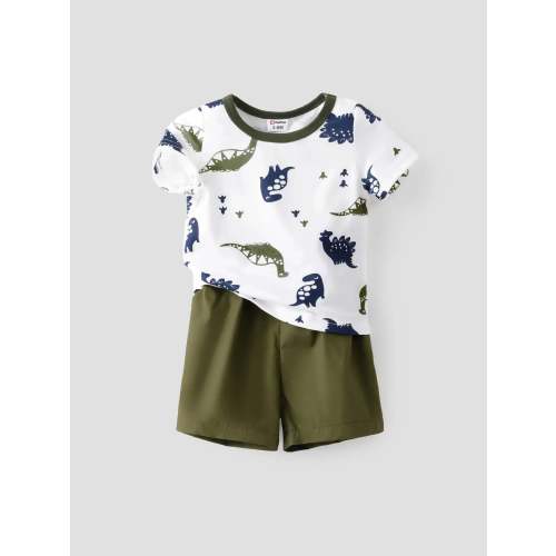 2pcs Baby Boy All Over Dinosaur Print Short-sleeve Tee and Solid Shorts Set Army green