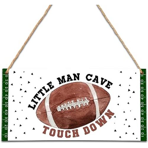 Little Man Cave, Football Wood Sign Door Hanging Decor, Boys Decorations for Bedroom Nursery Playroom Wall Art (5"x10") -A03