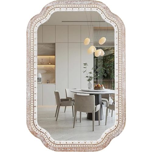 36x24 Inches Wooden Scalloped Decorative Wall Mirror with Beaded Frame, Rustic Farmhouse Entryway Mirrors for Bathroom Vanity, Foyer, Hallway or Over Sink (Horizontal/Vertical)