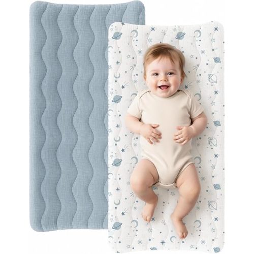 Konssy Waterproof Muslin Changing Pad Cover 2 Pack, 100% Cotton Quilted Diaper Changing Table Sheets, Soft Breathable Boho Nursery Bedding for Baby, Silent & Absorbent Standard Fit (Blue,Star)