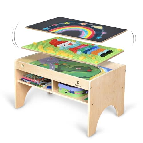 Kids Activity Table w/ 4-Compartment, Building Table for Boys&Girls | Toddler 3-in-1 Play Table Compatible with Major Blocks and Train Track Set