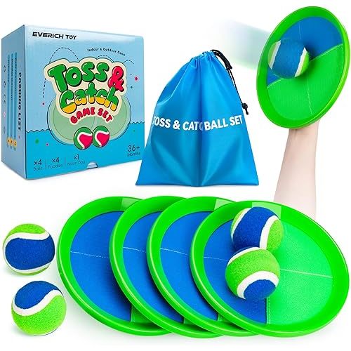 EVERICH Upgraded Toss and Catch Ball Game Set - Indoor and Outdoor Games for Kids 3-12, Beach Sand Pool Water Toy Includes 4 Paddles 4 Sticky Balls, Great Birthday Easter Gifts for Boys Girls