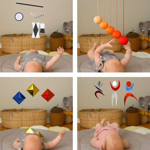 Montessori Mobile Set of 4 – Munari, Octahedron, Gobbi & Dancer Mobiles for Newborn – Black White High Contrast Baby Mobile, Newborn Gift