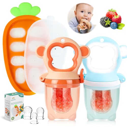Baby Fruit Food Feeder - Silicone Nibble Tray Combo - Breastmilk Popsicle Mold for Cooling Relief, BPA Free Mesh Feeder for Infant Self Feeding (Monkey Blue Orange + Carrot)