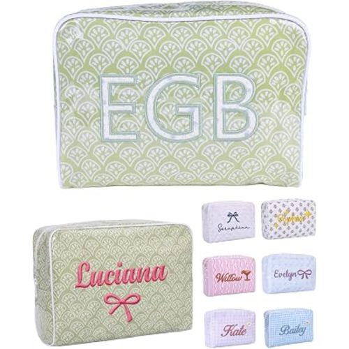 Large Capacity Striped PVC Makeup Bags for Women, Personalized Embroidered Name Waterproof Cosmetic Pouch, Custom Zipper Monogram Toiletry Bag for Summer Pool Beach Travel, Bridesmaid Birthday Gift