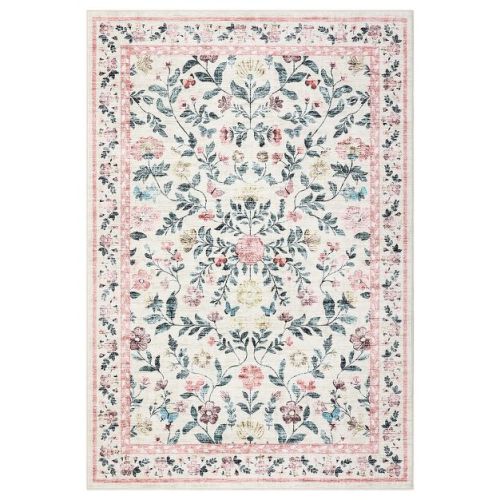 Washable Area Rug Non-Slip Farmhouse Floral Rug Low Pile Soft Foldable: Pink
