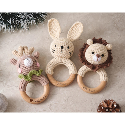Crochet Baby Rattle with Wooden Teether