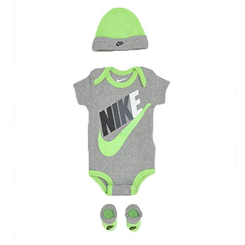 Nike Baby Bodysuit, Hat and Booties 3 Piece Set (G(LN0313-042)/G, 0-6 Months)