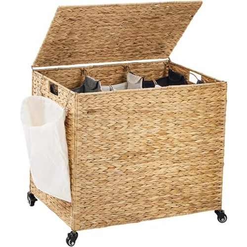 Laundry Hamper with Wheels, 52.8 Gallon(200L) Water Hyacinth Laundry Basket with Lid, 3-Section Wicker Clothes Hamper with 3 Removable Liners, Laundry Sorter with Side Pocket, Natural