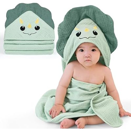 FIOBEE Hooded Baby Towels 100% Muslin Baby Bath Towels for Newborn with Animal Design Ultra-Soft and Absorbent Bath Essentials for Toddler, Unisex Girls Boys 30 x 30 inch, Green Dinosaur