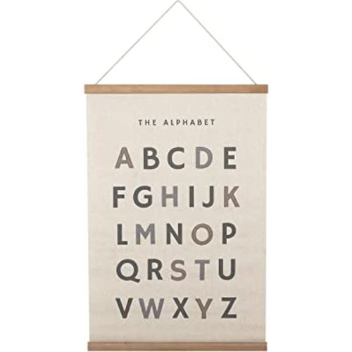 Bon et Beau 16 x 24 Inch Embroidered Alphabet Poster Framed with Wood Hanger - Neutral Gray Wall Decor for Boys Nursery, Bedroom, Playroom, Toddler and Kids Room