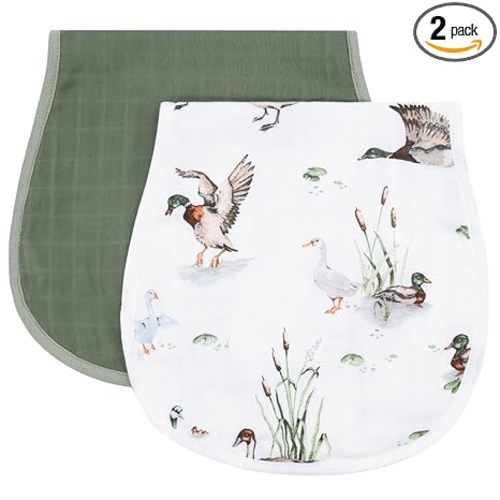 LifeTree Muslin Baby Burp Cloths - 2 Pack 70% Viscose from Bamboo and 30% Cotton Large 22'' by 10.6'' Absorbent Milk Spit Up Rags - Burping Cloths for Newborn, Girls Boys, MallardDuck & Olive