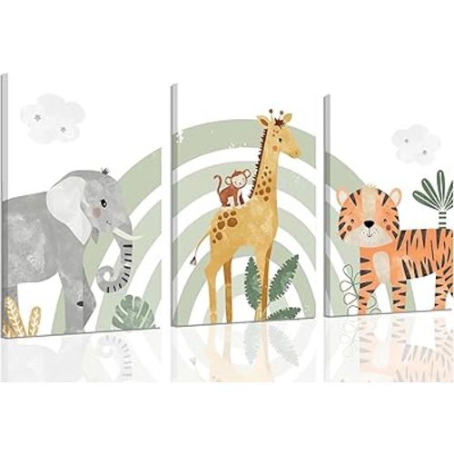 3Pcs Framed Safari Animals Canvas Wall Art elephant tiger giraffe Posters Prints Bohemian Rainbow elements Paintings Pictures wall decor for Nursery Baby Bedroom Decorations