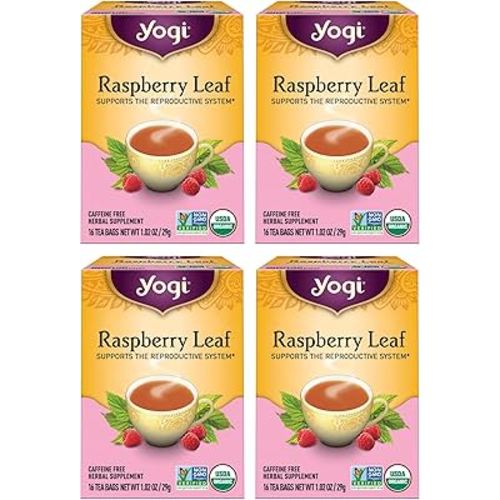 Yogi Tea Organic Raspberry Leaf Tea - 16 Tea Bags per Pack (4 Packs) - Caffeine-Free, Aids Discomfort of Menstruation - Made from Raspberry Leaves