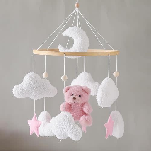 EERKEOD Baby Crib Mobile Bear Nursery Mobile for Boys Girls Teddy Velvet Mobile Nursery Decor for Infant Bedroom Hanging Baby Mobile for Bassinet Newborn Baby Gift(Pink Bear)