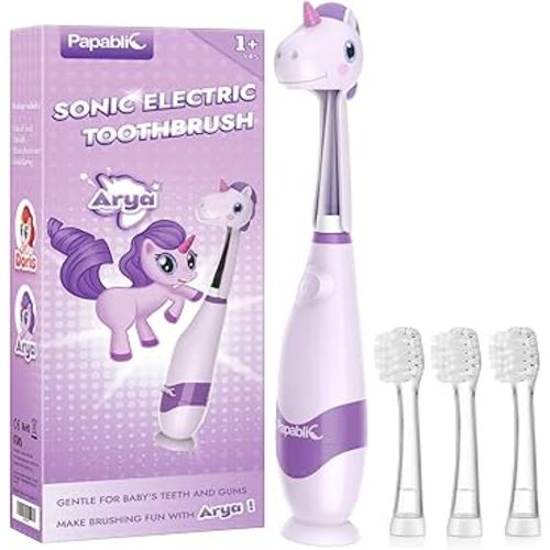 Papablic Toddler Sonic Electric Toothbrush Kids for Ages 1-3 Years, Baby Electric Toothbrush with Cute Unicorn Cover and Smart LED Timer, 4 Brush Heads (Arya)