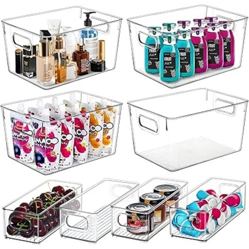 Clear Storage Bins 8 Pack for Pantry Organizers, 4 Large Plastic Pantry Organizer Bins and 4 Small Stackable Storage Containers for Kitchen Cabinet, Home Edit, Freezer Fridge Organizer