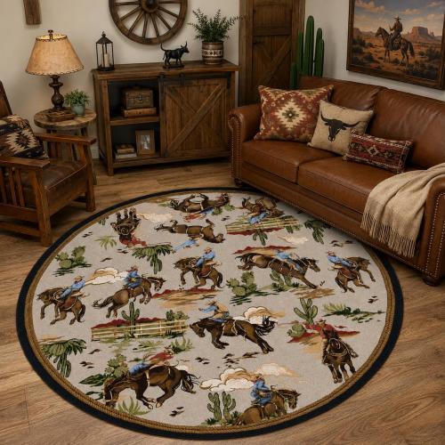 Vintage Cowboy Rodeo Round Rug, Retro Western Desert Cactus Decor