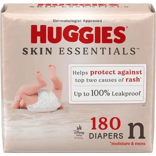Huggies Size Newborn Diapers, Skin Essentials Baby Diapers, Size Newborn (6-9 lbs), 180 Count (3 Packs of 60), Packaging May Vary