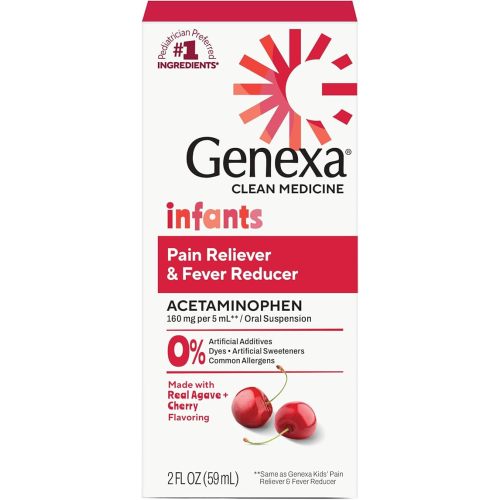Genexa Infants' Clean Acetaminophen | Pediatrician Preferred Ingredients | Pain Reliever & Fever Reducer for Babies| Dye Free, 0% Artificial Additives | Delicious Organic Cherry Flavor, 2 fl oz