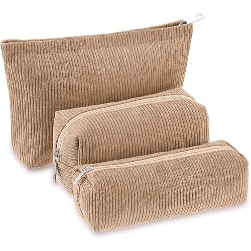 3 Pcs Makeup Bag Set for Women Corduroy Cosmetic Pouch Aesthetic Smile Travel Toiletry Bag Cute Purse Pouch Pencil Case Makeup Brushes Storage Organizer for Christmas(Khaki,Solid Style)