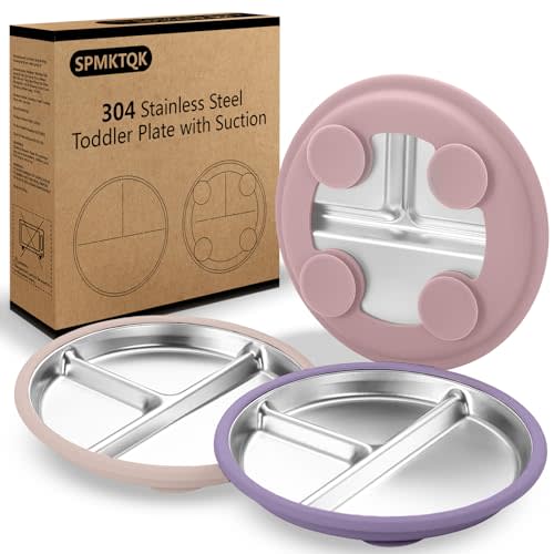 SPMKTQK 3 Pack Stainless Steel Kids Plates with Suction, 8.1” Divided Toddler & Baby Plates, Non Slip Metal Plates for Kids, Removable Silicone Sleeves, Dishwasher Safe for Baby Led Weaning