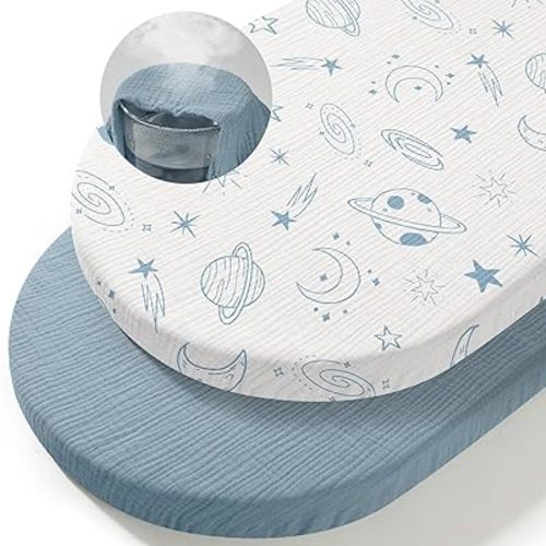 Basumee Muslin Bassinet Sheets for Baby Girl Boy 2 Pack Soft Breathable Baby Bedside Bassinet Fitted Sheets with Bottom Elastic Band Mattress Cover for Rectangle Oval Hourglass Bassinets