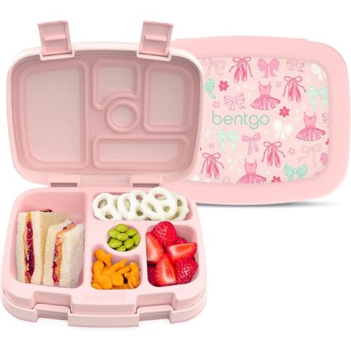 Bentgo Kids Prints Leak-Proof 5-Compartment Bento-Style Kids Lunch Box | Ideal Portion Sizes for Ages 3-7, Durable, Drop-Proof, Dishwasher Safe, PFAS & BPA-Free Materials (NEW Ballet & Bows)