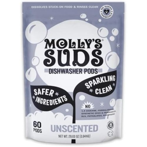 Molly's Suds Dishwasher Pods | Clean Dishwasher Detergent, Cuts Grease & Rinses Clean (Residue-Free) for Sparkling Dishes | 60 Auto-Release Tabs (Unscented)