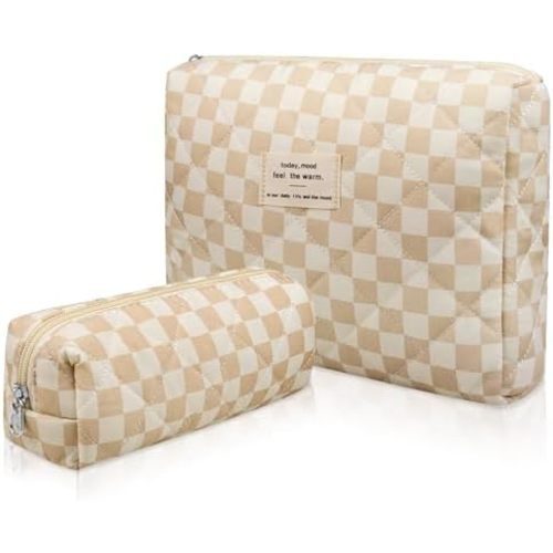 Gosect 2PC Makeup Bag Set, Cute Cosmetic Bag for Women Girls, Floral Coquette Aesthetic Toiletry Bag, Travel Make Up Organizer Bag (Brown Checked)