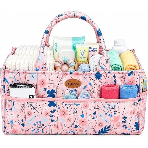 Floral Diaper Caddy Organizer, Caddy For Baby Stuff, Quilted Washable Car Storage for Newborn Toddler, Portable Nursery Storage Organizer for Changing, Waterproof Fabric Shower Basket Bag (Pink)