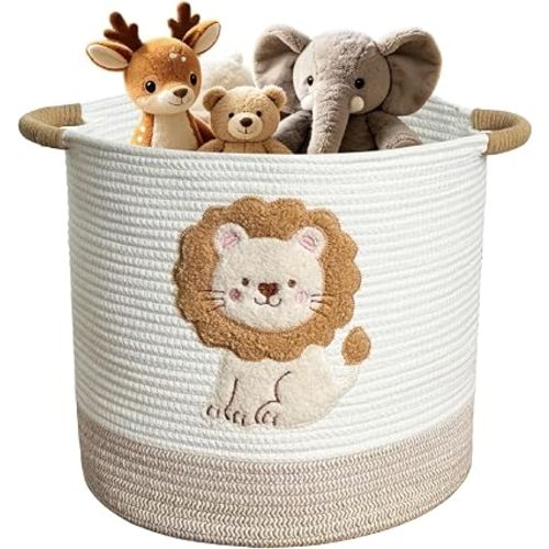 Cute Nursery Bin, Baby Toy Organizer (13.8"x13.8"), Storage Basket for Organizing, Woven Rope Basket for Shelves, Cute Baskets with Handle for Nursery, Playroom (Lion, Large)