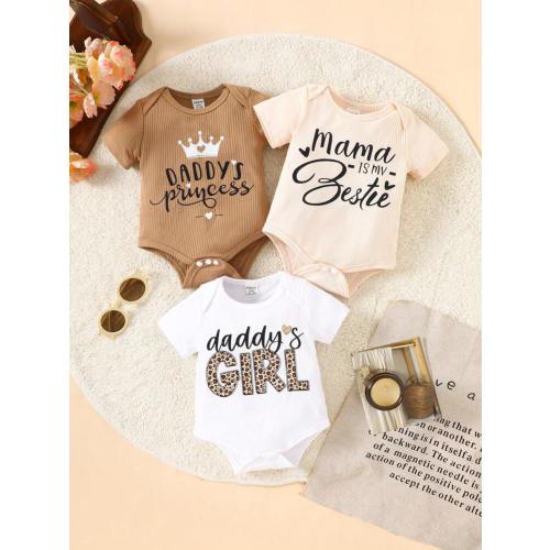 SHEIN 3pcs Newborn Baby Girl Summer Cartoon Print Letter Pattern Short Sleeve Bodysuit White Apricot Brown Three Pieces Set Home Gifting Simple | SHEIN USA