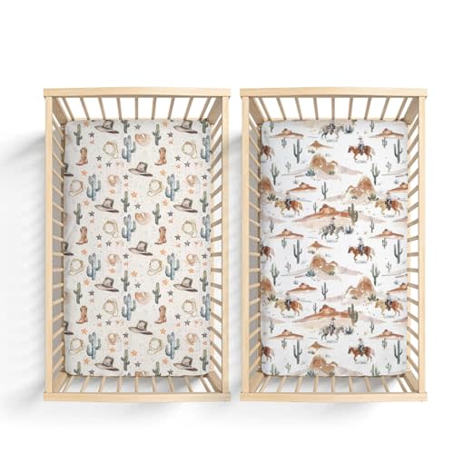 2 Pack Western Cactus Horses Hats Mountains Pattern Baby Sheets for Crib, Unisex Western Nursery Fitted Bed Sheet for Boys Girls Standard Crib and Toddler Mattress-28x52