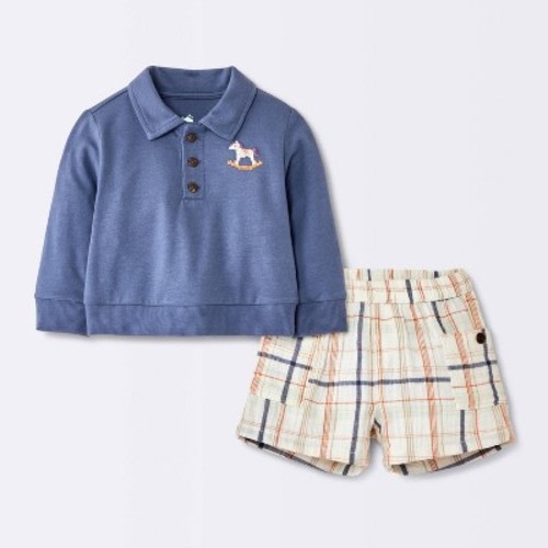 Baby Boys' Cross Stitch Polo Long Sleeve and Shorts Set - Cloud Island™ Blue 0-3M
