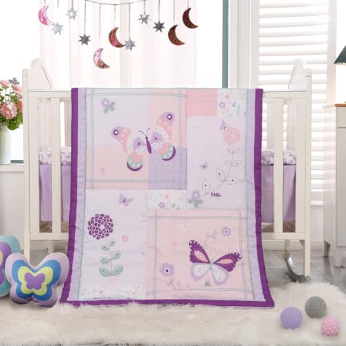 Wowelife Girl Crib Bedding Set, Butterfly Baby Girl Nursery Bedding Set, Premium Purple Baby Bedding Set, Baby Girl Cot Bed Set Include Quilted Comforter, Crib Skirt and Crib Sheet, Purple