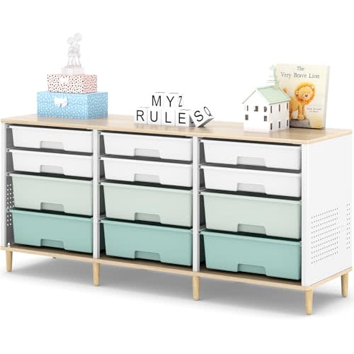 12 Drawers Storage Cabinet with Wooden Top and Plastic Bins, Toy Storage Organizer Toy Shelf Storage Chest Cubby Organizer for Home, Office, Playroom, Classroom & Craft Room Storage (Green)