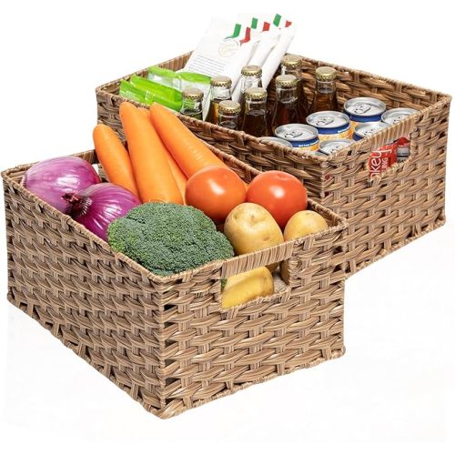 Wicker Baskets 2 Pack, Wicker Storage Basket with Handles, Waterproof Woven Baskets for Organizing, Large Storage Basket 15" and Medium 14", Brown