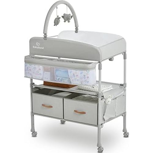 BabyBond Portable Baby Changing Table with 2 Storage Baskets (Beige) | Large Storage Foldable Changing Table for Infant and Newborn, Height Adjustable Diaper Changing Table with Lockable Wheels
