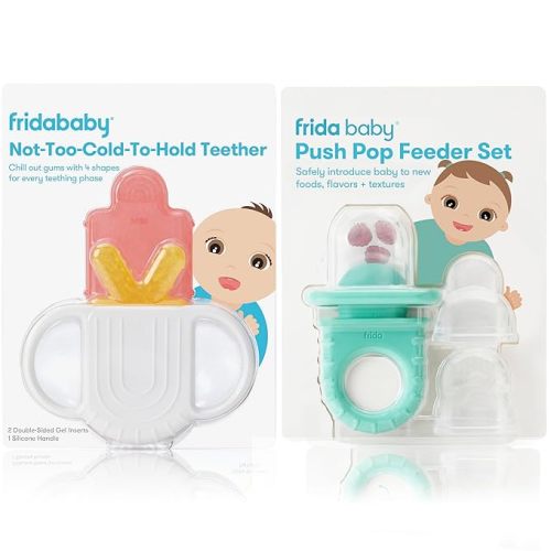 Frida Baby Push Pop Feeder, Baby Fruit Feeder + 4-in-1 Teether Teething Toy 100% Food-Grade Silicone Food Pacifier and Teether Toy for Baby 0-6, 12, 18 Months Infant - 4 in 1 Teether + Feeder Bundle