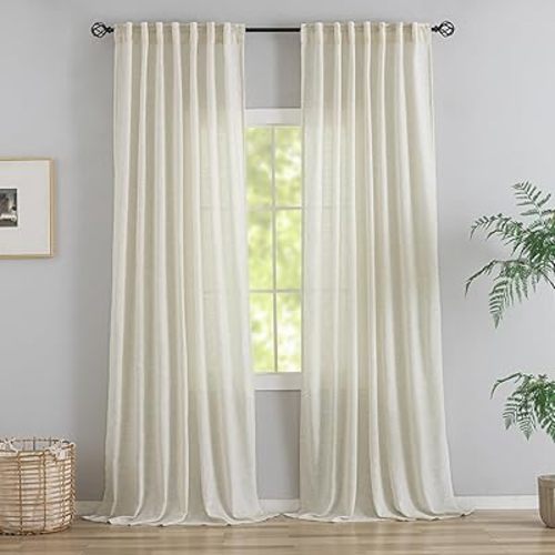 132 Inch Length Linen Curtains for High Ceiling Villa Living Room,2 Panels Set Hanging Back Tab Hooks Pleated Privacy Semi Sheer 11FT Extra Long Vintage Curtain Drapes for Hote,Cream Ivory/Light Beige