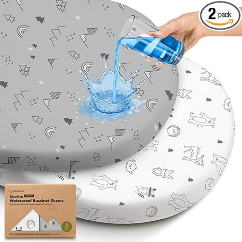 2-pk Waterproof Bassinet Sheets Girls, Boys, Cotton - 33x17 Universal Bassinet Mattress Pad Protector Cover, Compatible with Graco,Baby Delight,Chicco,Halo Bassinest Swivel Sleeper Fitted (Woodland)
