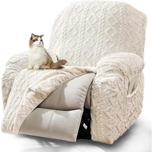 JOKIVTOU Recliner Chair Covers 4-Pieces, Soft, Stretchable, White, Modern Home Decor, Furniture Protector with Elastic Straps Bottom, Storage Pocket on Arm Cover