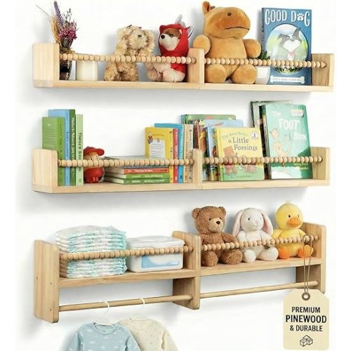 Floating Book Shelves for Nursery – Nursery Shelves for Wall with Hanging Rod – Set of 3 Wooden Wall-Mounted Shelves, Rounded Edges, Bookshelf for Kids Room Decor, 31.5" x 3.9" x 3.7