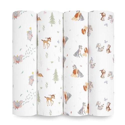 aden + anais Essentials Disney Baby Muslin Swaddle Blankets, Newborn Receiving Blanket for Swaddling, 100% Cotton Baby Swaddle Wrap, 4 Pack, Disney + Friends