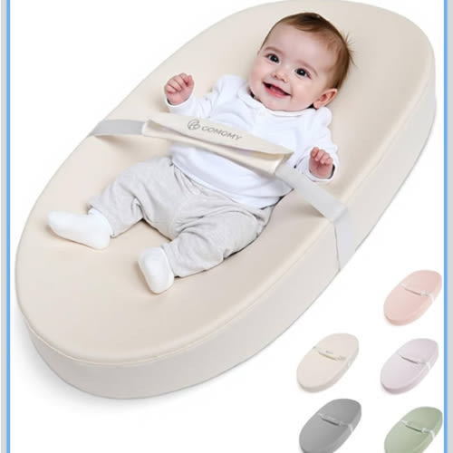 COMOMY Baby Changing Pad with Wipeable & Waterproof PU Cover, Contoured Diaper Changing Pad for Dresser with Non-Slip Safety Belt, Portable and Lightweight, Large Cushioned Foam, Beige