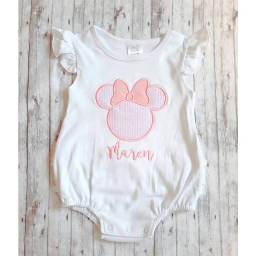 Disney Ruffle Romper, Baby Disney Outfit, Embroidered Pink Seersucker Minnie Disney Romper, girls Disney Outfit,